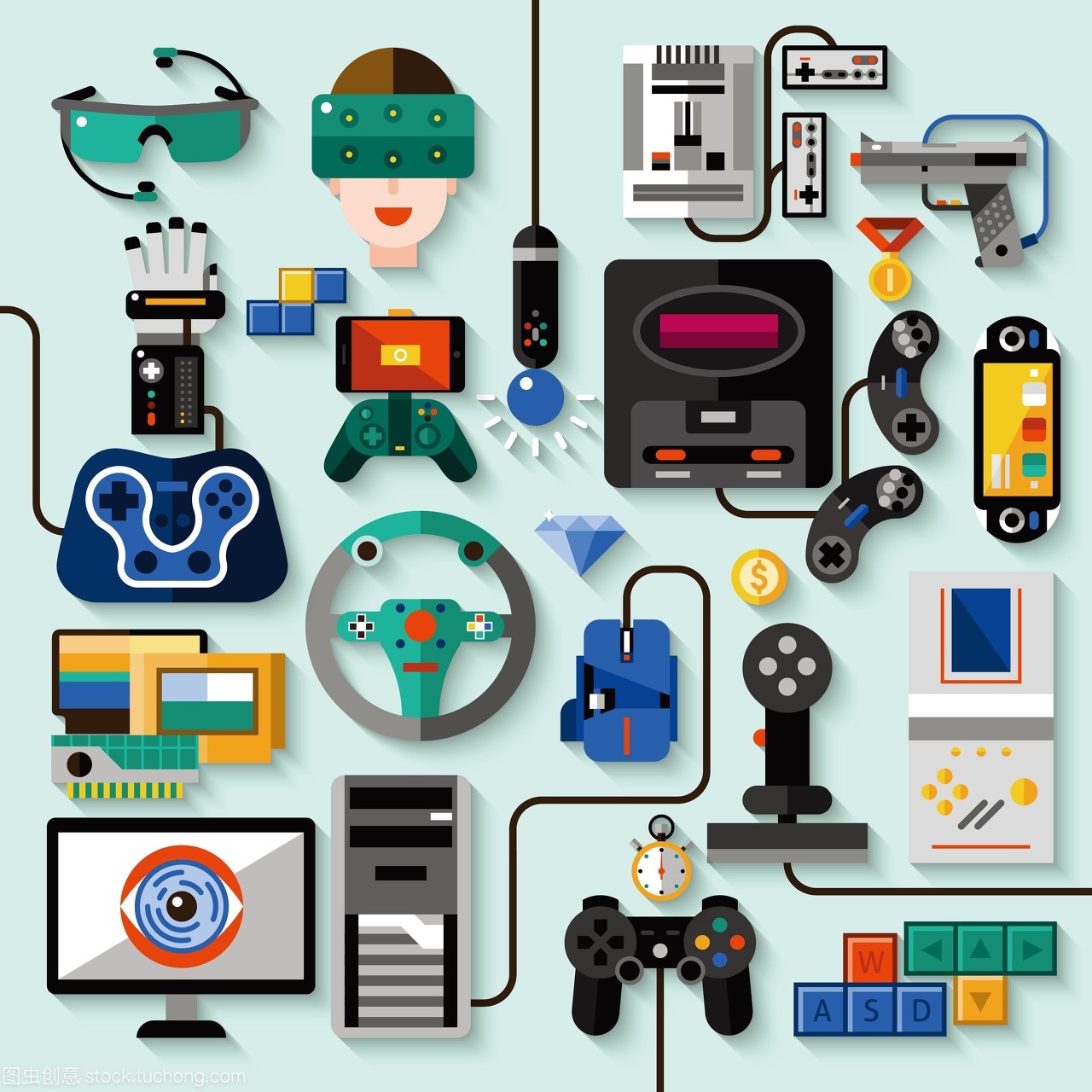 游戲產(chǎn)品組數(shù)據(jù)處理技術(shù) 小工具、播放技術(shù)與圖標設(shè)置的矢量插圖應(yīng)用
